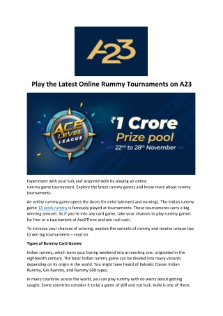 Play the Latest Online Rummy Tournaments on A23