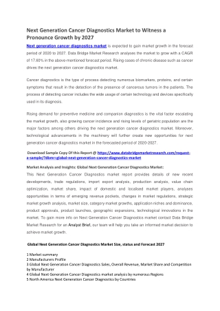 Next Generation Cancer Diagnostics Market to Witness a Pronounce Growth by 2027