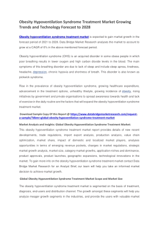 Obesity Hypoventilation Syndrome Treatment Market Growing Trends and Technology Forecast to 2028