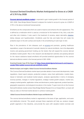 Coconut Derived Emollients Market Anticipated to Grow at a CAGR of 3.70 by 2028