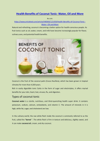 Health Benefits of Coconut Tonic- Water, Oil And More