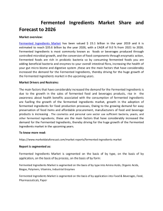 Fermented Ingredients Market Size and Forecast to 2026