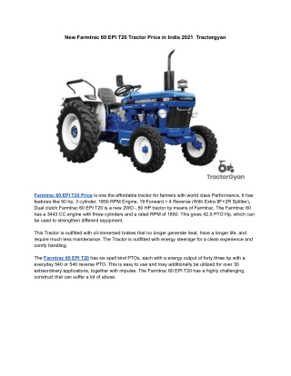New Farmtrac 60 Epi T20 Tractor Price in India 2021  Tractorgyan