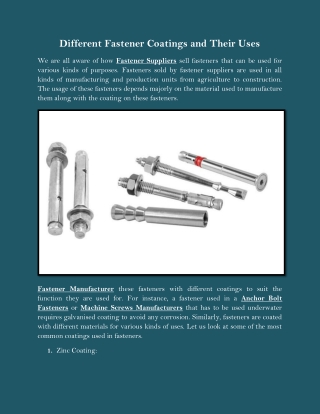 Different Fastener Coatings and Their Uses