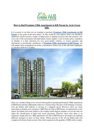 How to find Premium 2 Bhk Apartments in KR Puram by Arsis Green Hills