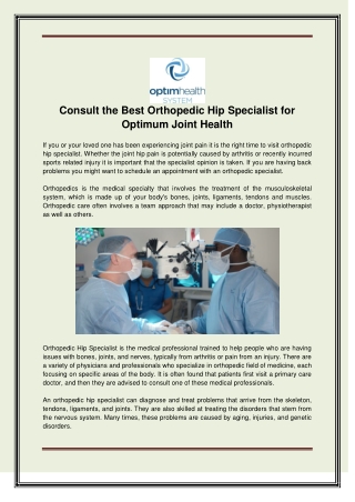 Consult the Best Orthopedic Hip Specialist for Optimum Joint Health