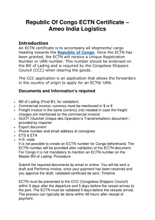 Republic Of Congo ECTN Certificate – Ameo India Logistics