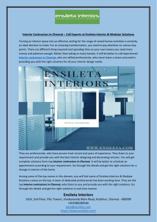 Interior Contractors in Chennai – Call Experts at Ensileta Interior & Modular Solutions