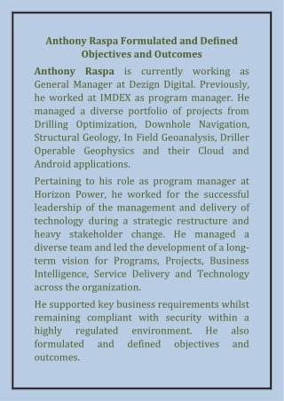 Anthony Raspa Formulated and Defined Objectives and Outcomes