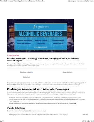 Alcoholic Beverages: Technology Innovations, Emerging Products, IP & Market Rese