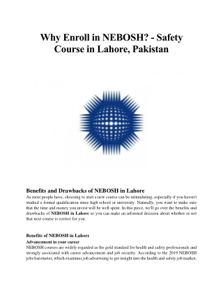 Why Enroll in NEBOSH - Safety Course in Lahore - Pakistan