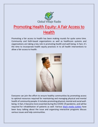 Promoting Health Equity: A Fair Access to Health