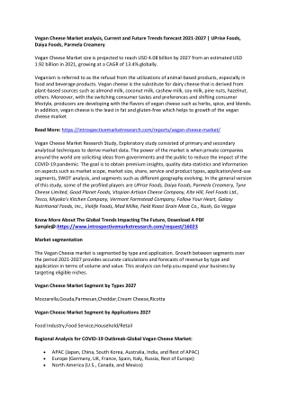 Vegan Cheese Market analysis, Current and Future Trends forecast 2021-2027 | UPr