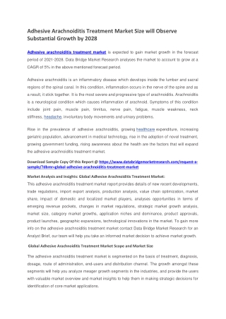 Adhesive Arachnoiditis Treatment Market Size will Observe Substantial Growth by 2028