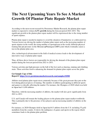 The Next Upcoming Years To See A Marked Growth Of Plantar Plate Repair Market