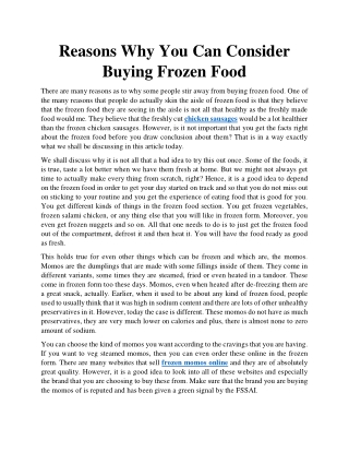 Reasons Why You Can Consider Buying Frozen Food