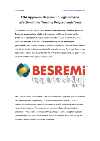 FDA Approves Besremi (ropeginterferon alfa-2b-njft) for Treating Polycythemia Vera