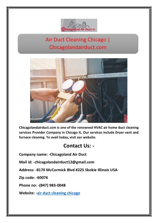 Air Duct Cleaning Chicago | Chicagolandairduct.com