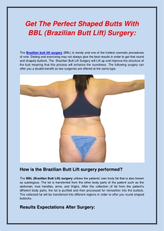 Get The Perfect Shaped Butts With BBL (Brazilian Butt Lift) Surgery