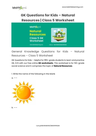 GK Questions for Kids - Natural Resources | CBSE Class 5 Worksheet