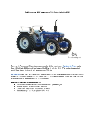 Get Farmtrac 60 Powermaxx T20 Price in India 2021 | Tractorgyan