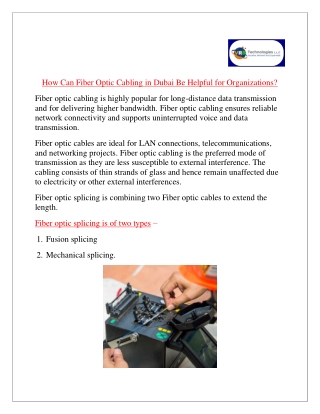 How Can Fiber Optic Cabling in Dubai Be Helpful for Organizations?