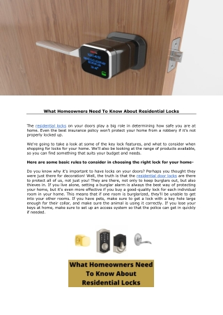 What Homeowners Need To Know About Residential Locks