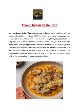 5% Off – Crown Indian Restaurant Central Coast Delivery, NSW