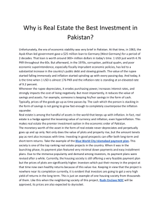 Why is real estate the best investment in Pakistan