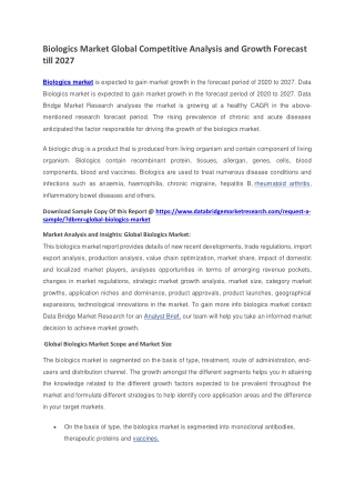 Biologics Market Global Competitive Analysis and Growth Forecast till 2027