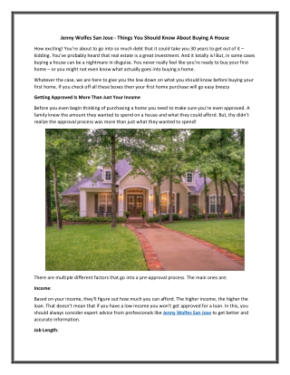Jenny Wolfes San Jose - Things You Should Know About Buying A House