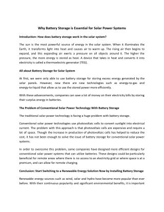 Why Battery Storage is Essential for Solar Power Systems