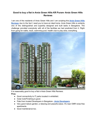 Good to buy a flat in Arsis Green Hills KR Puram- Arsis Green Hills Reviews