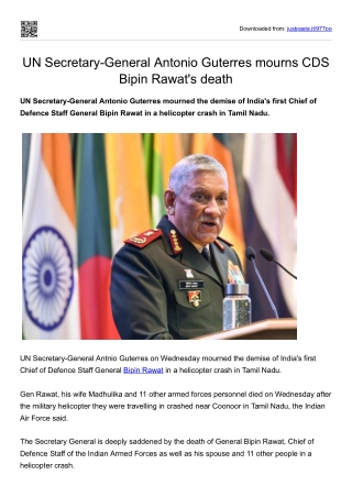 UN Secretary-General Antonio Guterres mourns CDS Bipin Rawat's death