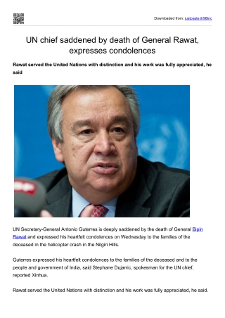 UN chief saddened by death of General Rawat, expresses condolences