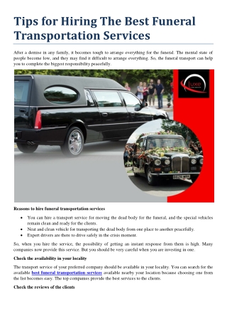 Tips for Hiring The Best Funeral Transportation Services