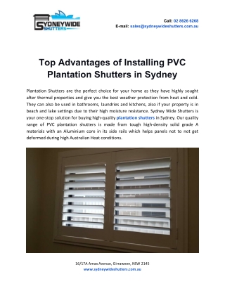 Top Advantages of Installing PVC Plantation Shutters in Sydney