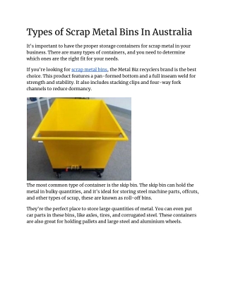 Types of Scrap Metal Bins In Australia