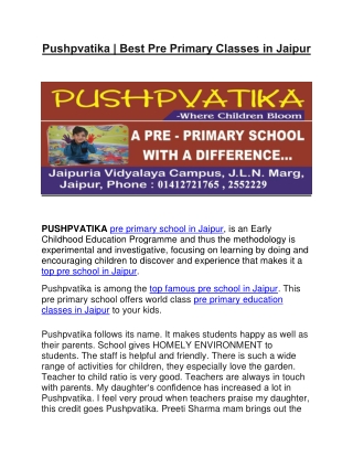 Pushpvatika - Best Pre Primary Classes in Jaipur