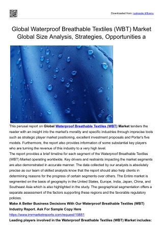 Global Waterproof Breathable Textiles (WBT) Market Global Size Analysis, Strateg