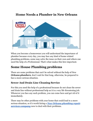 Home Needs a Plumber in New Orleans