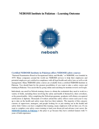 NEBOSH Institute in Pakistan – Learning Outcome