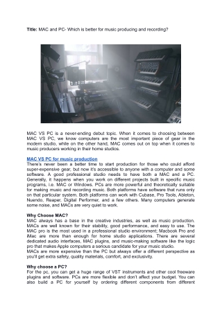 MAC and PC- Which is better for music producing and recording_