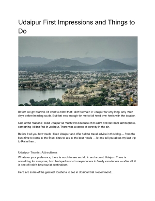Udaipur First Impressions and Things to Do