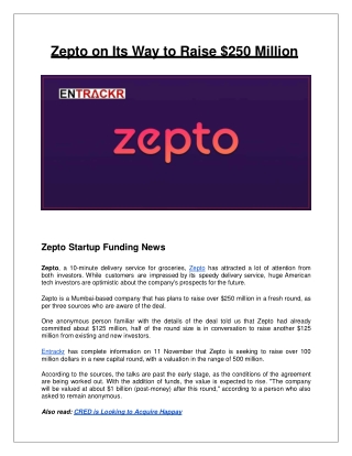 Zepto on Its Way to Raise $250 Million