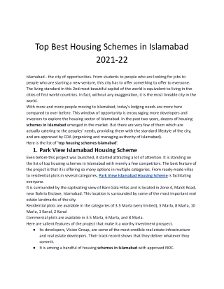 Top Best Housing Schemes in Islamabad 2021-22