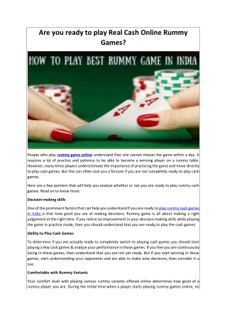Are you ready to play Real Cash Online Rummy Games