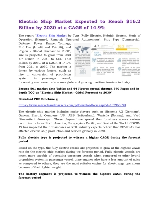 Electric Ship Market Expected to Reach $16.2 Billion by 2030 at a CAGR of 14.9%