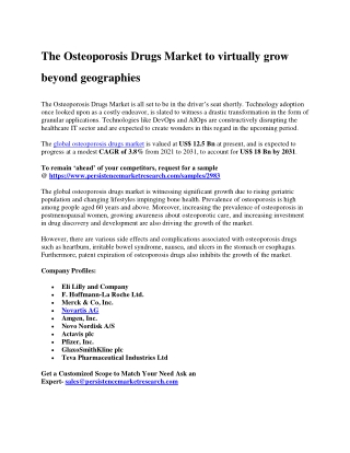 The Osteoporosis Drugs Market to virtually grow beyond geographies