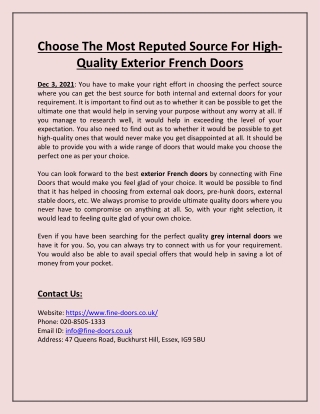 Choose The Most Reputed Source For High-Quality Exterior French Doors